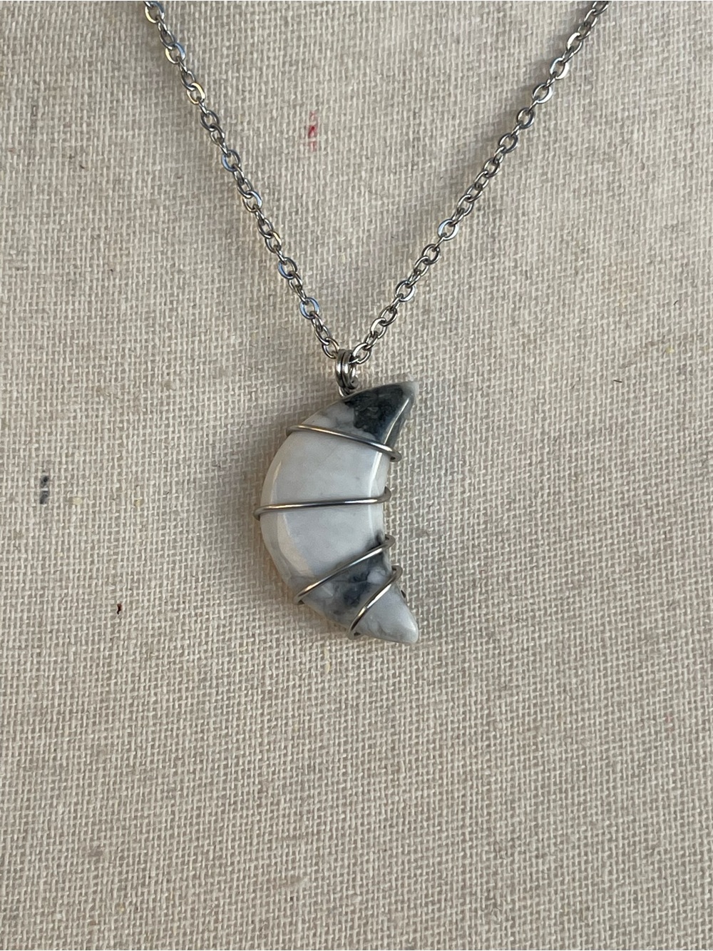 Howlite Crescent Moon Carving Pendant Necklace Silver Stainless Steel